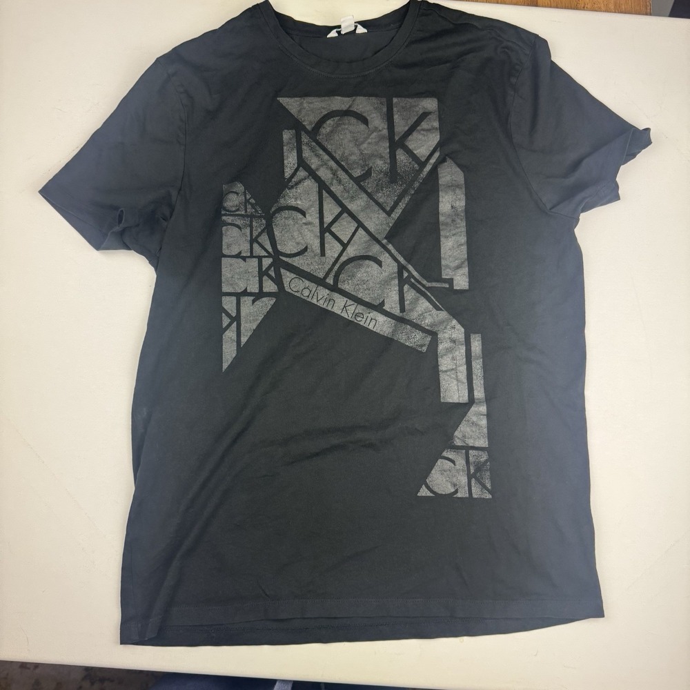 Calvin Klein T Shirt Mens M Black Gray Abstract Logo Graphic Crew Neck